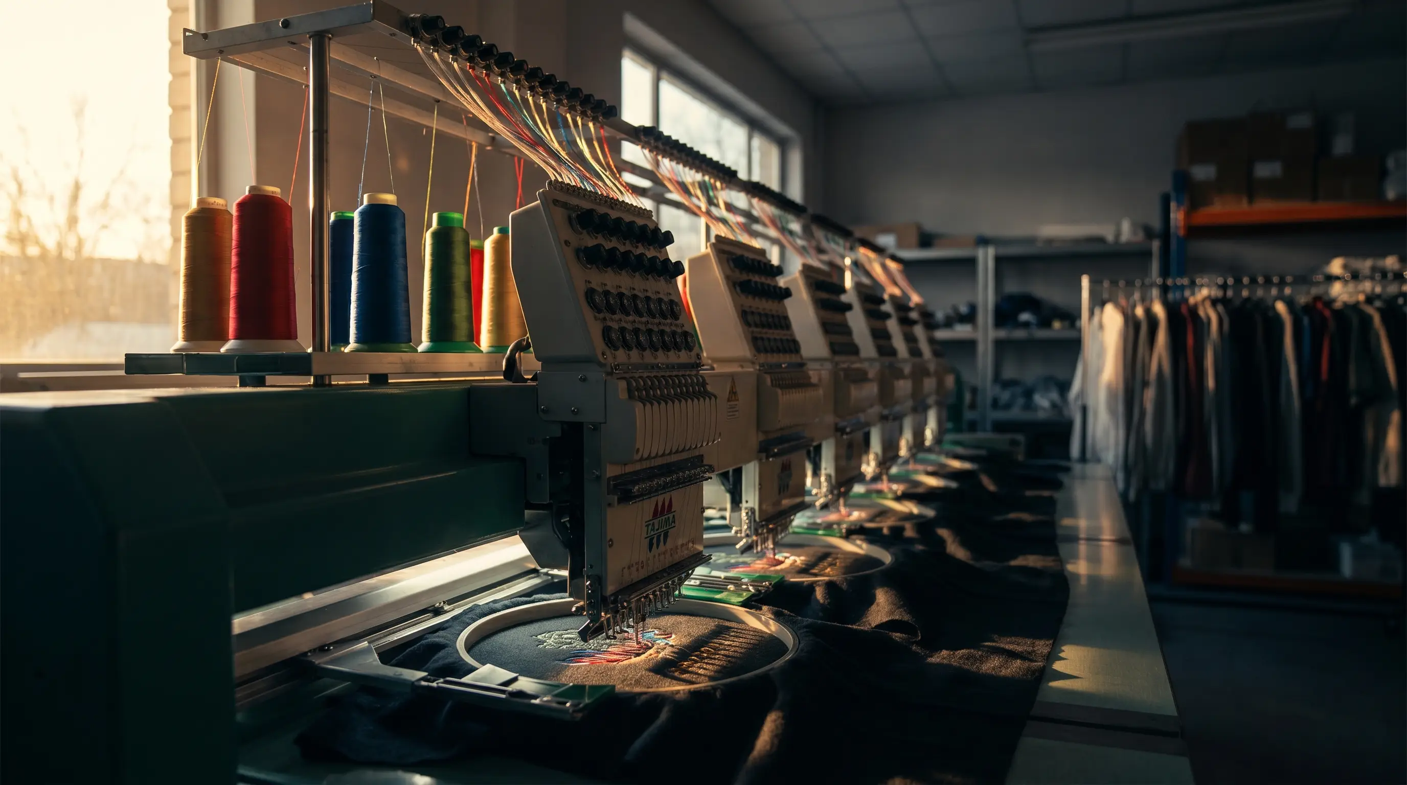 Máquina industrial de bordado multi-cabeza en pleno trabajo